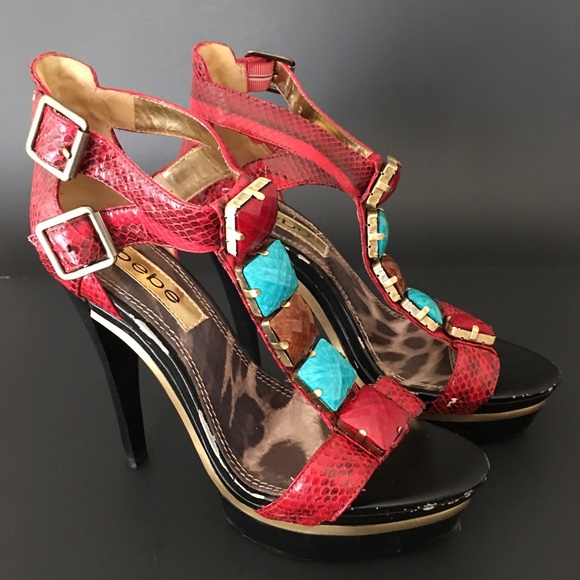 Bebe Island Heels Open Toe Snakeskin T-Strap Double Ankle Strap Gems 8M Platform - Picture 2 of 11